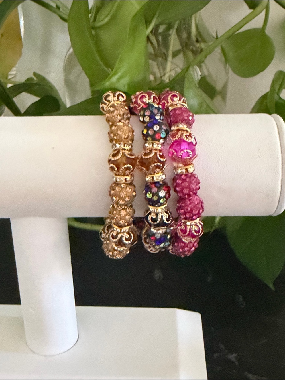 Vintage Vibrant Gold & Hot Pink Crystal Encrusted Beaded Stretch Bracelet Trio